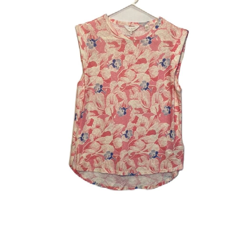 Ted Baker London Kashaa top Linen Padded Shoulder Floral Blouse Size 2